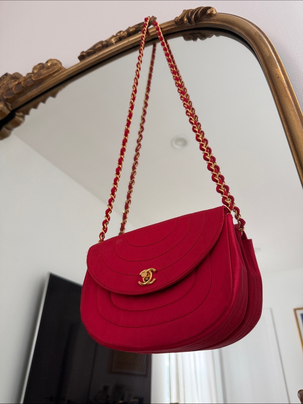 Vintage CHANEL Red Quilted Chain-Shoulder Bag with Gold Hardware